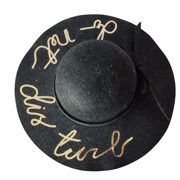 Do Not Disturb Large Floppy Felt Hat in Black - Picture 2 of 5